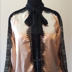 NWOT Lovely blush blouse with black lace trim